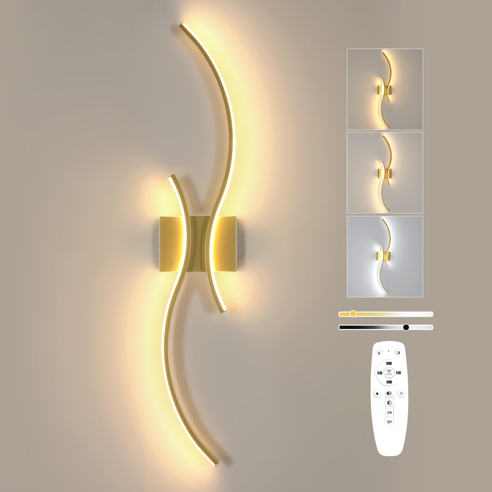 Comely Kinkiet Wewnętrzny, 32W 3600LM Regulowana Lampa Ścienna LED Z Pilotem, 80CM Złota Aluminiowa Oprawa Ścienna Do Sypialni Salonu Schodów Korytarza, 3000K-6500K