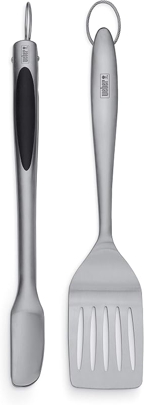 Weber® 2-Piece Barbecue Tool Set with Spatula & Tongs, Stainless Steel | Spatula & Hands‑Free Locking Tongs with Textured Easy‑Grip Handles, BBQ Grilling Accessories