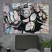 SIGNWIN Framed Canvas Wall Art Black and White Gorilla Punching Graffiti & Street Art Famous People Pop Art Modern Urban Multicolor for Living Room, Bedroom, Office - 12x18 inches