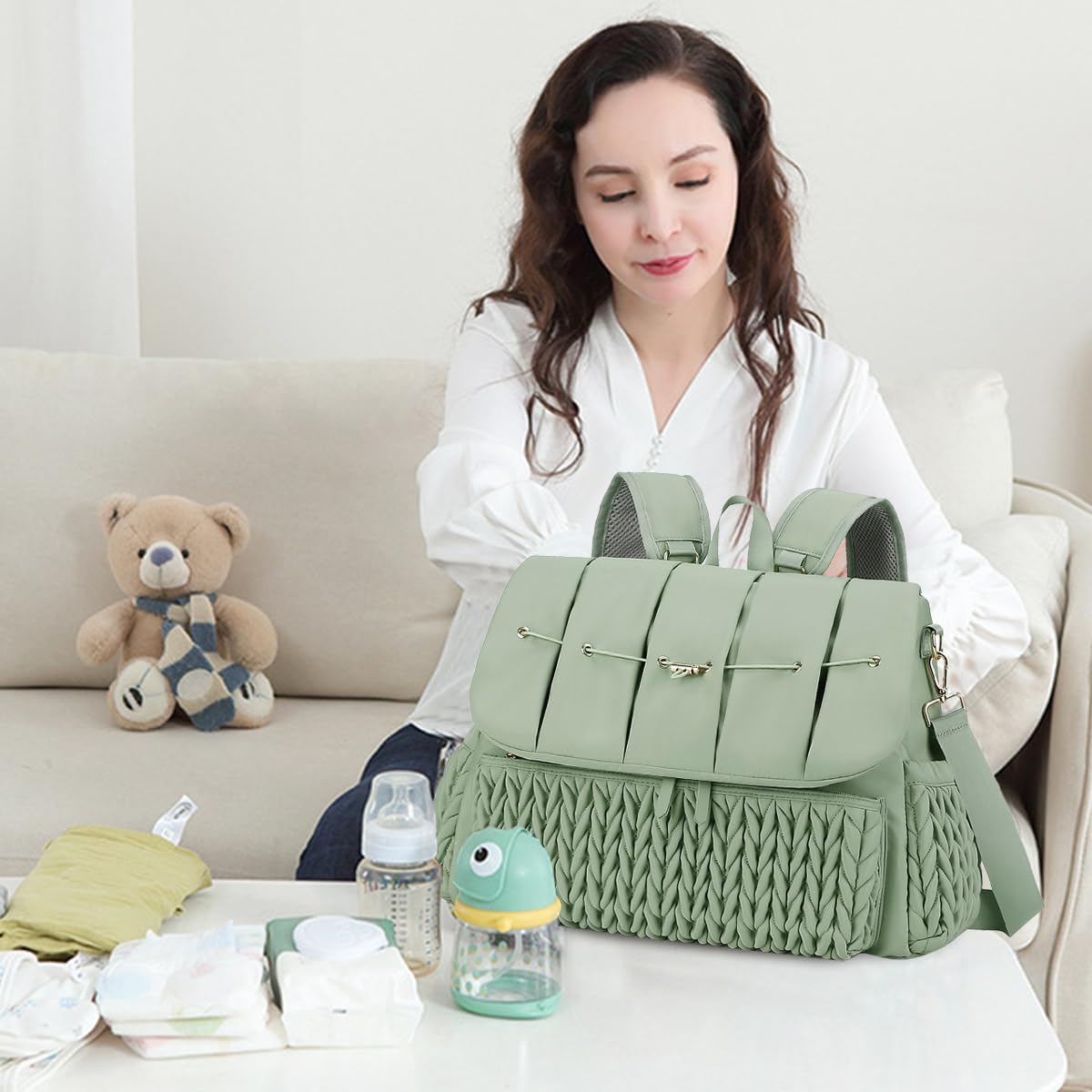 Convertible Diaper Bag Backpack Waterproof Nappy Changing Bag Travel Mummy Bag with Changing Pad & Shoulder Strap(Green) - Image 2