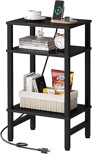 Mesa auxiliar de 3 niveles con estación de almacenamiento y carga rápida, mesita de noche alta y estrecha con puerto tipo C y USB, mesa auxiliar
