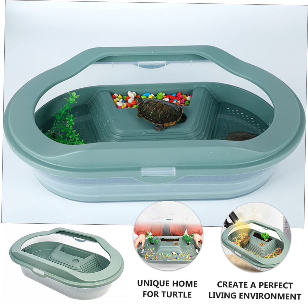 Terrario per Tartarughe in Plastico Verde, con 5 Aree, Piattaforma per Sole e Zona Nuoto, Habitat per Rettili in Casa | Cinque Aree Funzionali, Zona Nuoto e Alimentazione, Struttura con Area Rampicante Antiscivolo