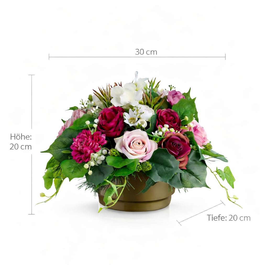 Generisch Grabgesteck künstlich wetterfest 30 cm – Grabgestecke mit Rosen im Topf beschwert – Grabschmuck für Friedhof & Urnengrab – EU Handmade Grabdeko