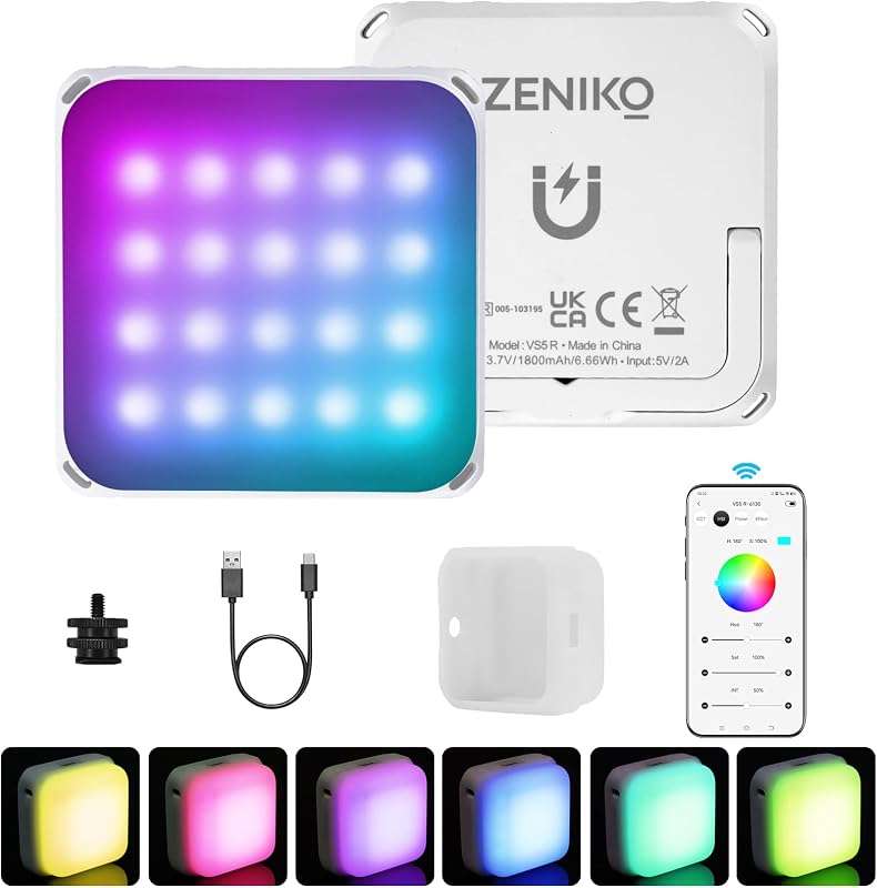 VS5R Magnetic RGB LED Pocket Fill Light for Vlog Photography | Built‑in 1800mAh battery, APP control, cold shoe mount, USB‑C charging, 2500K‑8500K color temperature mini LED Video Light