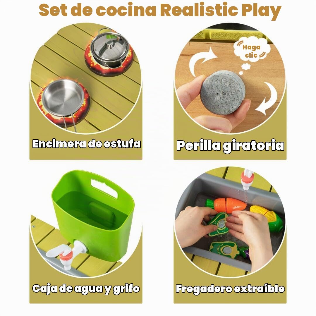 HOMASIS Cocina Infantil de Barro, Cocina Juguete con dispensador de Agua, Fregadero, Cocina de Juegos de Madera con Sonido, 3 Ganchos y estantes, para Exterior, niños de 3+ años, 75x35x92cm (Natural)