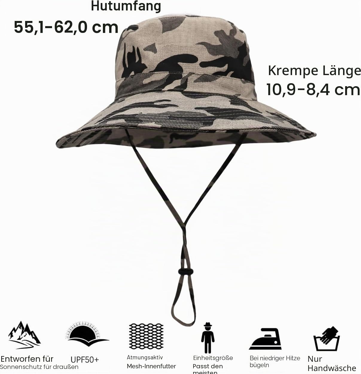 Herren-Sonnenhut, Tarnmuster, LSF 50+, breite Krempe, UV-Schutz, Safari-Hut, Unisex