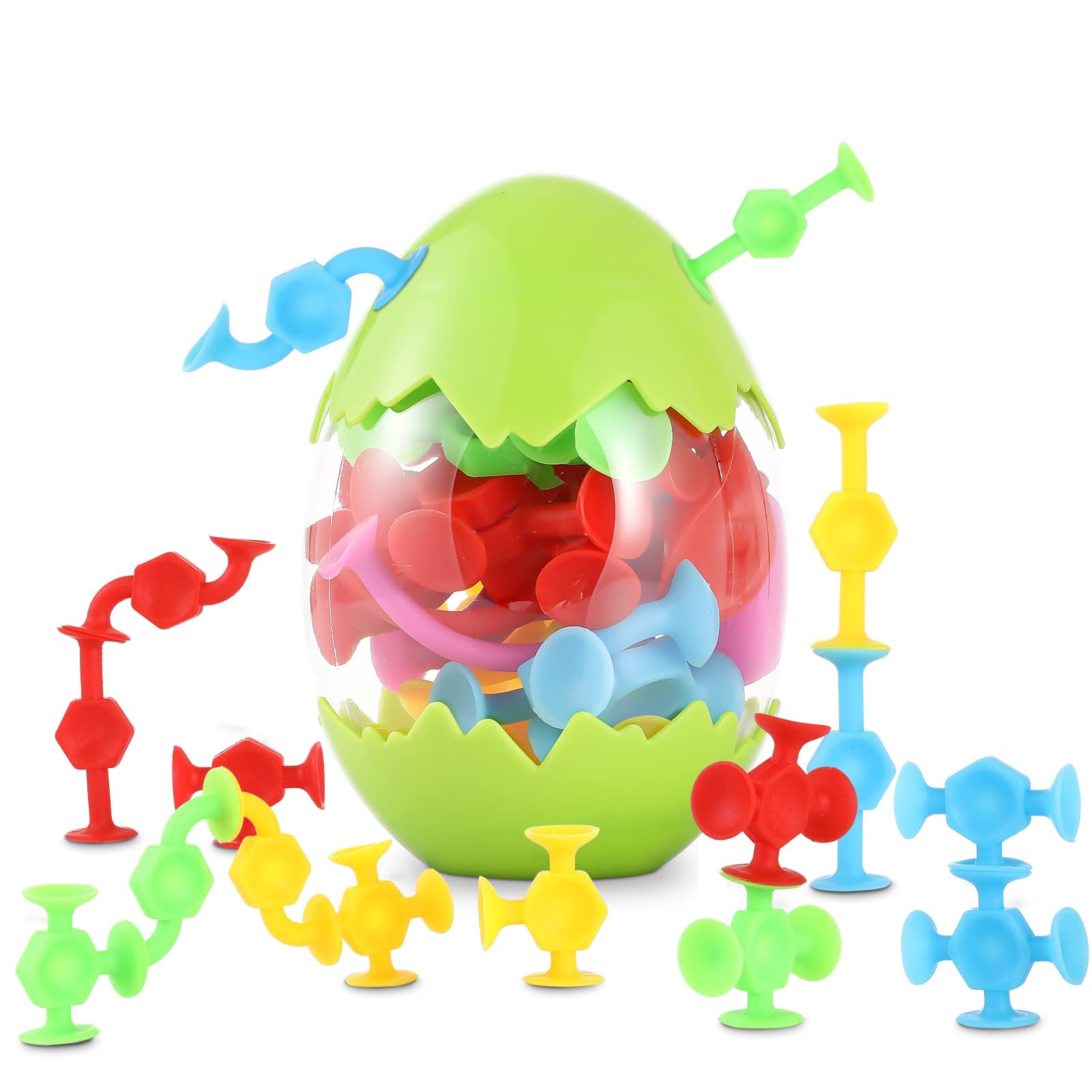 – Excefore Silicone Sucker Toys Bath Toy Set, 16 Pcs Dinosaur Eggshell Storage, Building Toy for Toddlers, Travel Learning Toys for Baby 3 Year Olds and Above Boys Girls (Random Color)