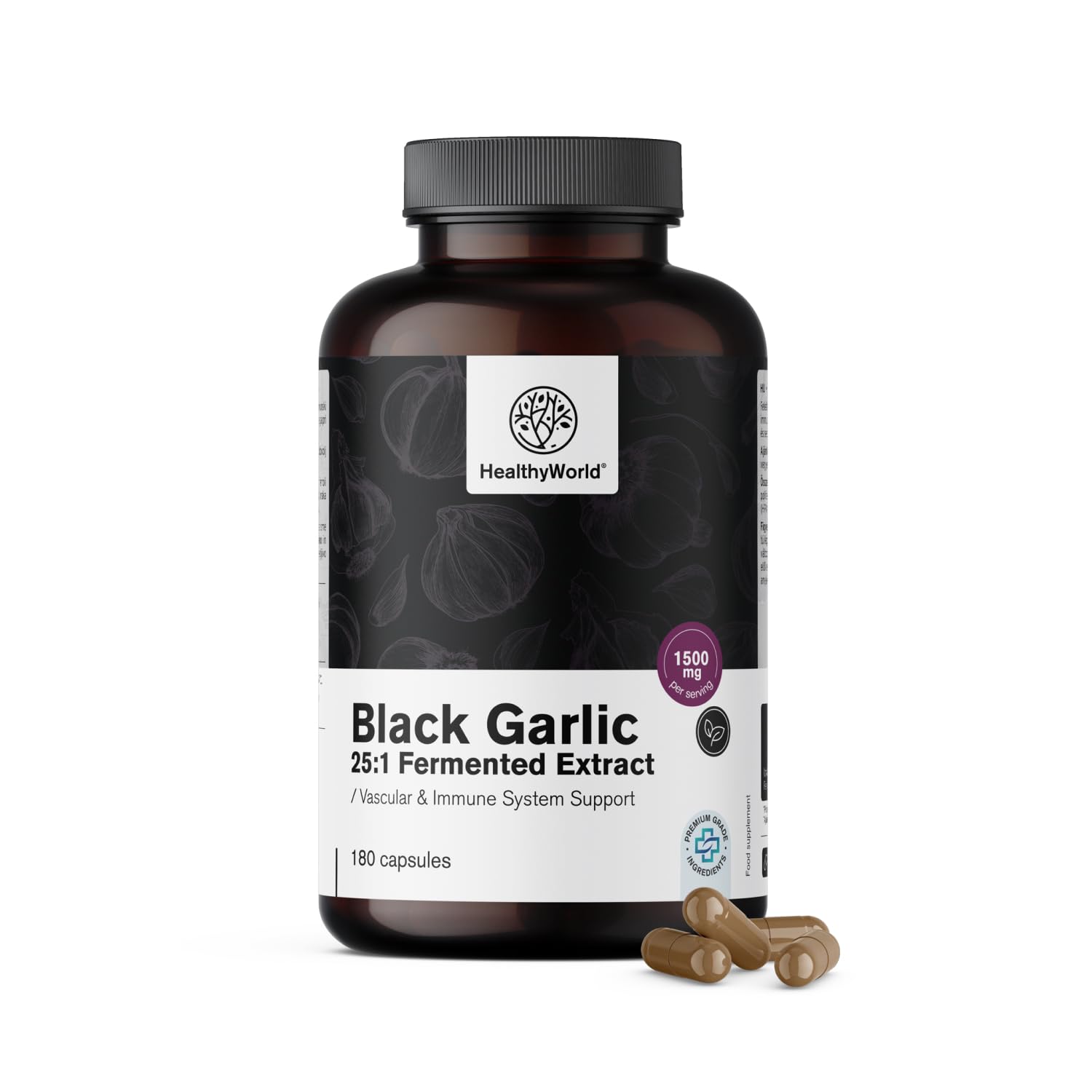 HealthyWorld Schwarzer Knoblauch 1500 mg - 180 Kapseln - Knoblauchextrakt 25:1-20% Polyphenole - Ohne Geruch und unangenehmen Geschmack- Für mehr als 3 Monate - Für das Immunsystem