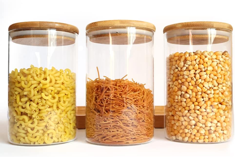 JJA Glass Jars 3 Pack 900 ml, Kitchen Storage Jars Coffee Tea Spice Jars, Pack Food Storage Jars with Bamboo Lid, Kitchen Accessories - Baking Supplies