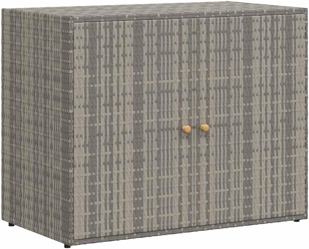 vidaXL Garden Storage Cabinet, Outdoor Tool Chest, Gray Poly Rattan with Solid Acacia Wood Door Knobs, Powder-Coated Steel Frame, Weather-Resistant Design, 39.4"x21.9"x31.5"