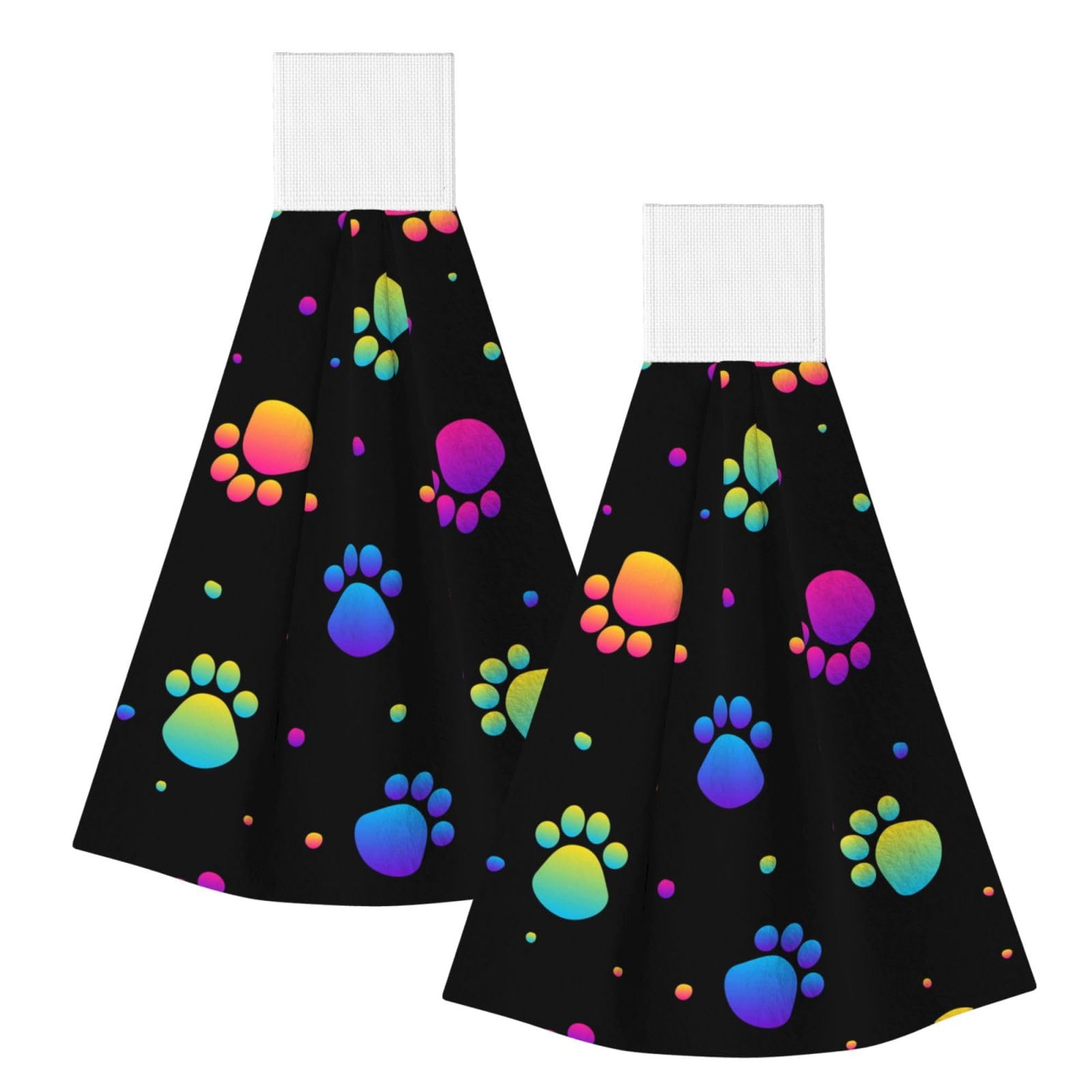DOPKLNA Rainbow Paw Footprint Animal Pattern, 2 Pcs Hanging Coral Fiber Hand Towels for Bathroom, Absorbent Kitchen Towels