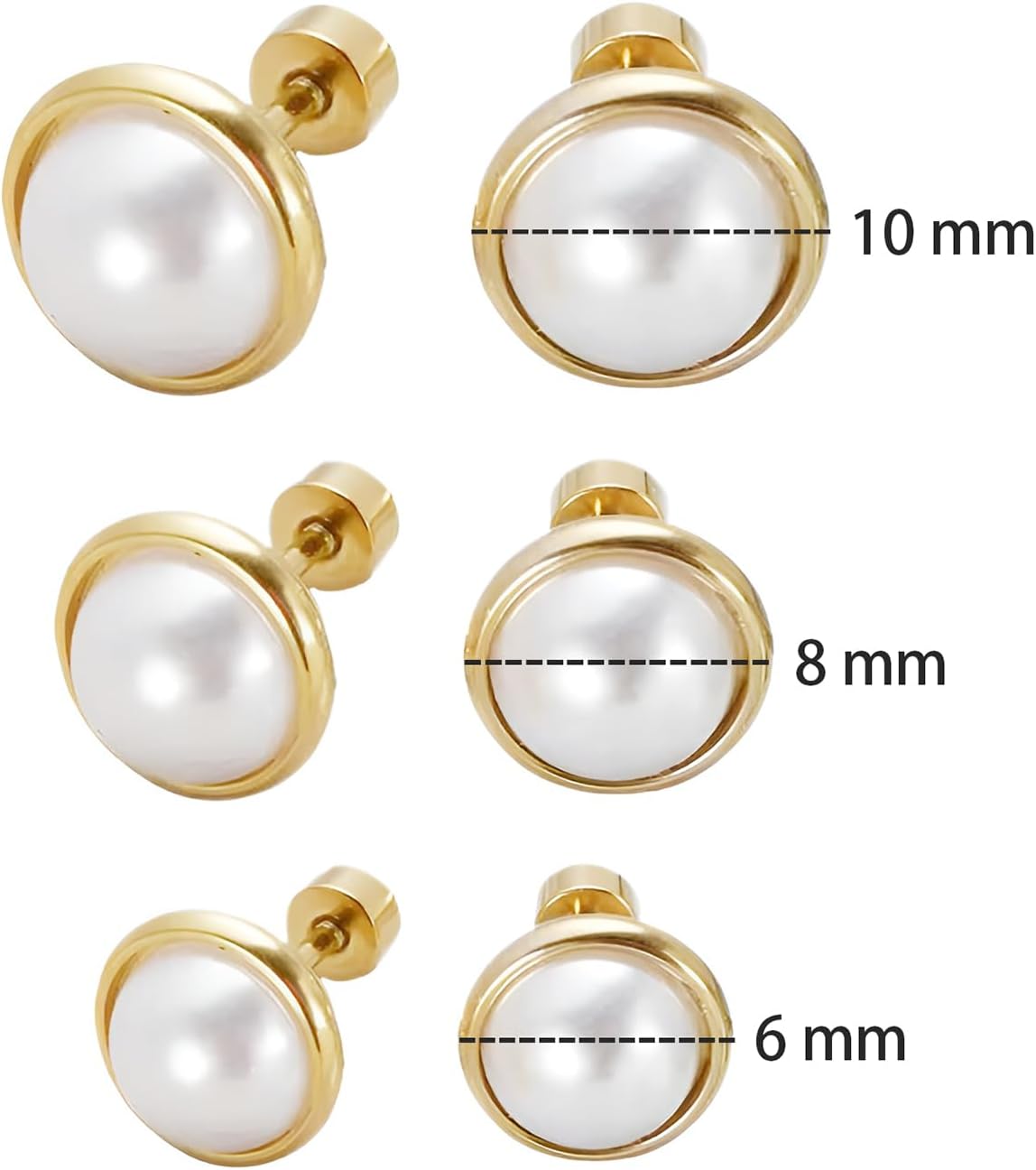 6-10 MM Pearl Stud Earring Set 6 Pairs Flatback Earrings Stainless Steel Hypoallergenic Screwback Jewellery for Sensitive Ears Women Ladies Helix Flat Back Jewelry Kit Aretes De Perlas Para Mujer - Image 2