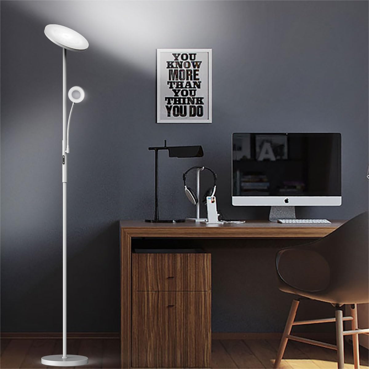 Stehlampe Leselampe Grau, 30W+5W 4200LM Deckenfluter LED, 3000K-6000K Stufenlos Dimmbar Stehleuchte Wohnzimmer mit Fernbedienung & Touch Steuerung, LED Standleuchte für Schlafzimmer,Büro
