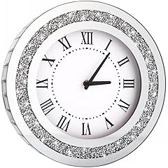 Silver Round Mirror Clock 12 inch Crystal Sparkle Twinkle Bling Crush Diamond Mirrored Wall Clock