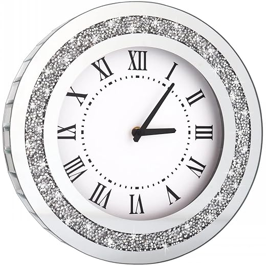 Silver Round Mirror Clock 12 inch Crystal Sparkle Twinkle Bling Crush Diamond Mirrored Wall Clock