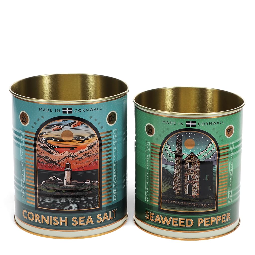 Rex London Cornish Salt And Pepper Storage Tin Set — Snack Tin Can Storage | Vintage Storage Tins | Retro Kitchen Accessories Decorative Tin | Tin Storage For Kitchen | Retro Decor Vintage Tin | Stackable Metal Tins