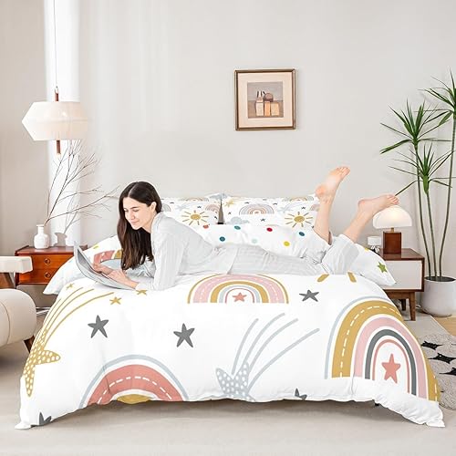 Miniatura 3 de Erosebridal Funda de edredón de arco iris para niñas, diseño de sol y estrellas, tamaño individual, para niños y niños, estilo de dibujos animados,