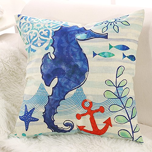 famibay Decorative Pillow Cover Ocean Park Theme Square Cotton Linen Throw Pillow Case Cushion Cover 18 x 18 (Sea Horses)