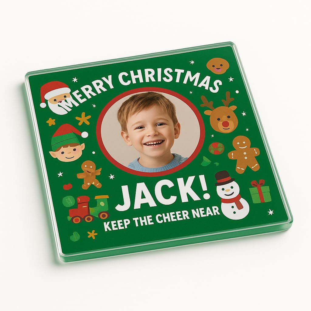 The Plum Penguin Cheerful Circle Personalised Acrylic Coaster Gift With Design - Personalised Christmas Table Decoration For Kids