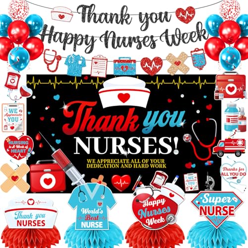 Nurse Week Decorations 2026 Set No Assembly Nurse Week Party Decor for Photo Backdrop And Unit Gratitude Banner Backdrop Swirls Honeycombs Balloons