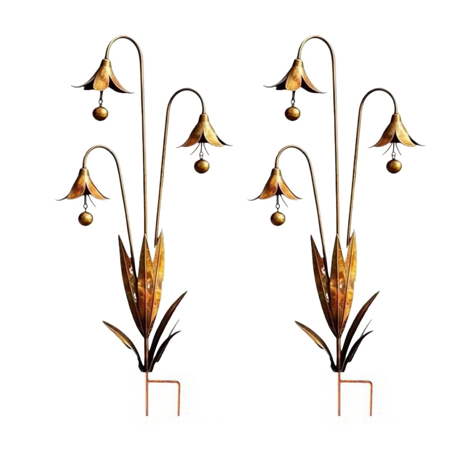 RetroNest Three Calla Lilies Garden Stake with Bells,Handmade 24 Inch Rustic Weatherproof Iron Outdoor Floral Stake for Patio Lawn Flower Bed,Gift for Gardeners B 2pcs