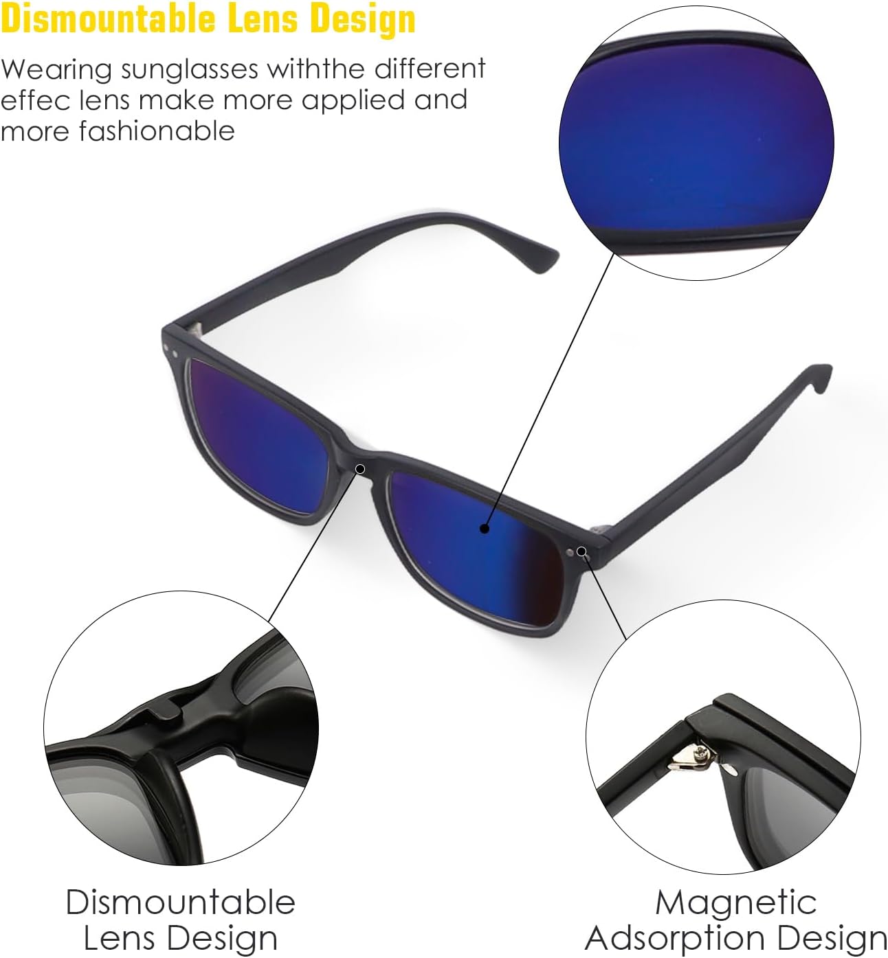 Tissting Magnetic Clip on Sunglasses with 5 Interchangeable Lenses - Retro Rectangular Eyeglasses for Men and Women, Night Driving Glasses with Stylish Frame, Lightweight and Practical Design - Image 6
