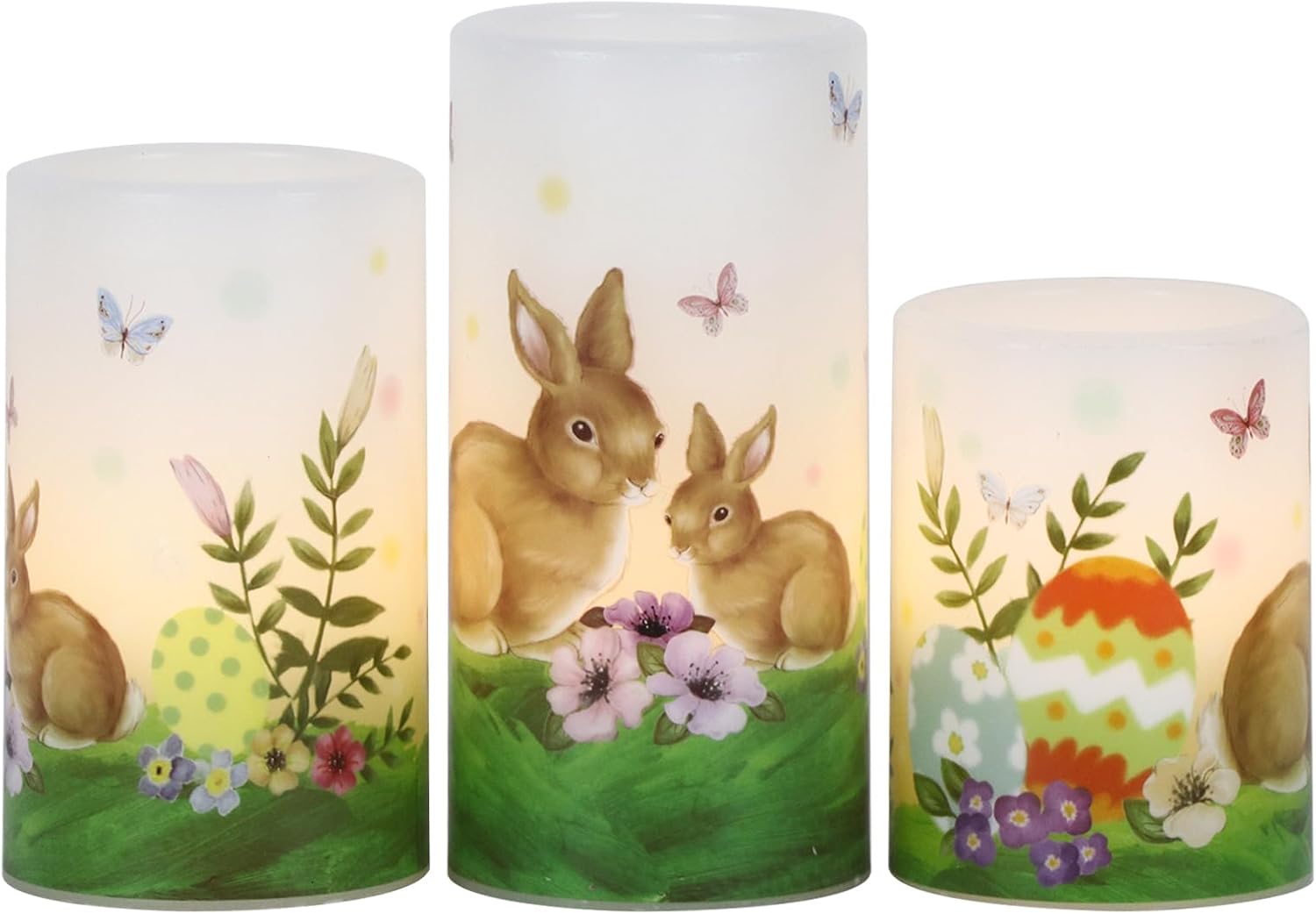 Eldnacele Easter Bunny Flameless Flickering Candles with 6H Timer Battery Operated Real Wax Candles Easter Eggs Lilies Rabbits Home Decor 4”5”6”H (3”D)