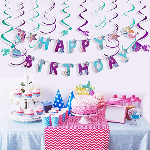 Image of SUNBEAUTY Mermaid Happy Birthday Banner Little Mermaid Theme Birthday Decorations for Girls Ocean Theme Party Supplies for Baby Shower | Pre-Strung