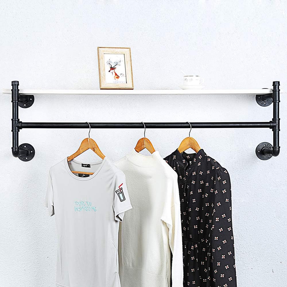 Industrial Pipe Clothing Rack Wall Mounted with Real Wood Shelf,Pipe Shelving