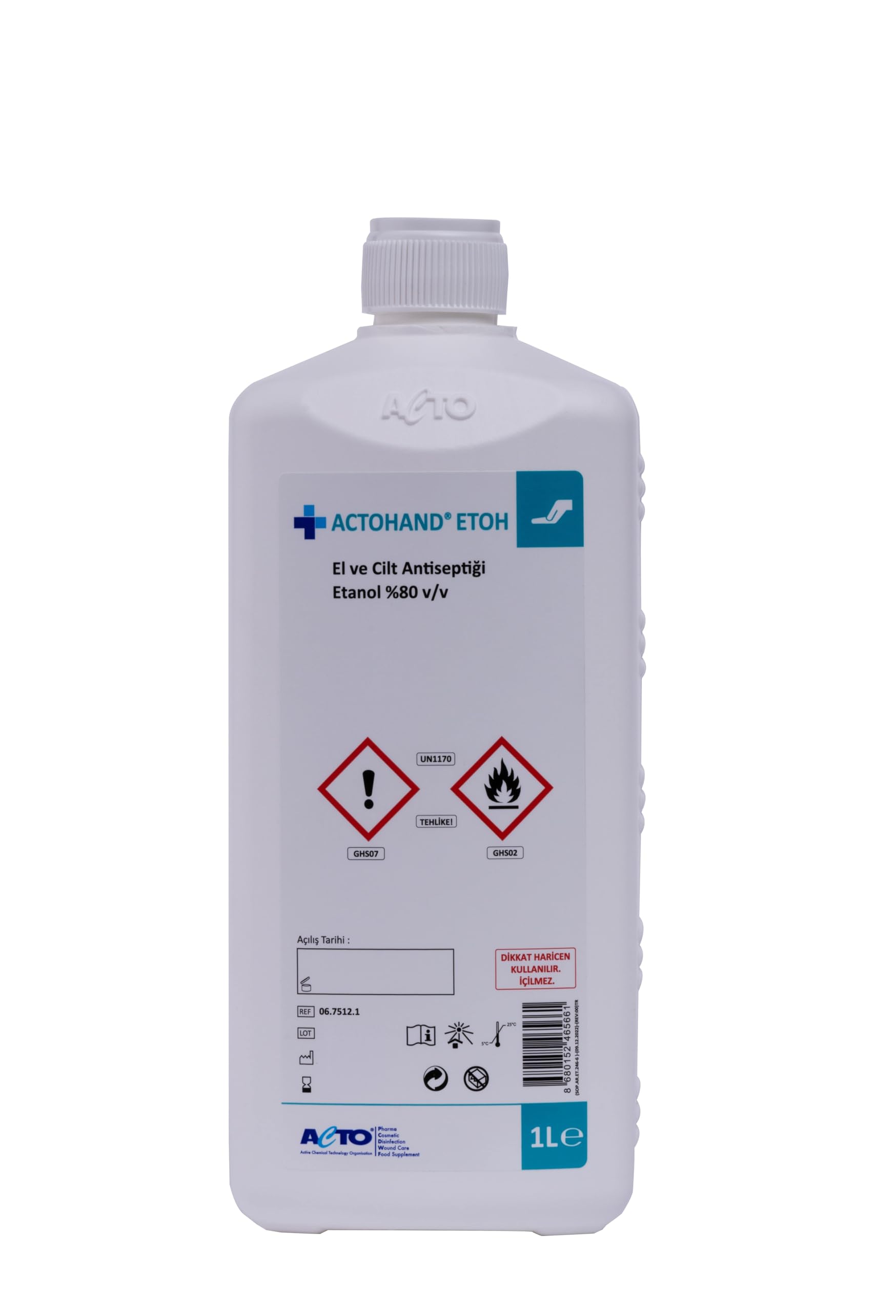 ACTOHAND® ETOH 1L – El ve Cilt Antiseptiği |%80 Etanol (v/v) İçerikli Hızlı Etkili Dezenfektan | Zararlı Mikroorganizmalara Karşı Etkin Koruma | Cilt Dostu, Hızlı Kuruyan Formül