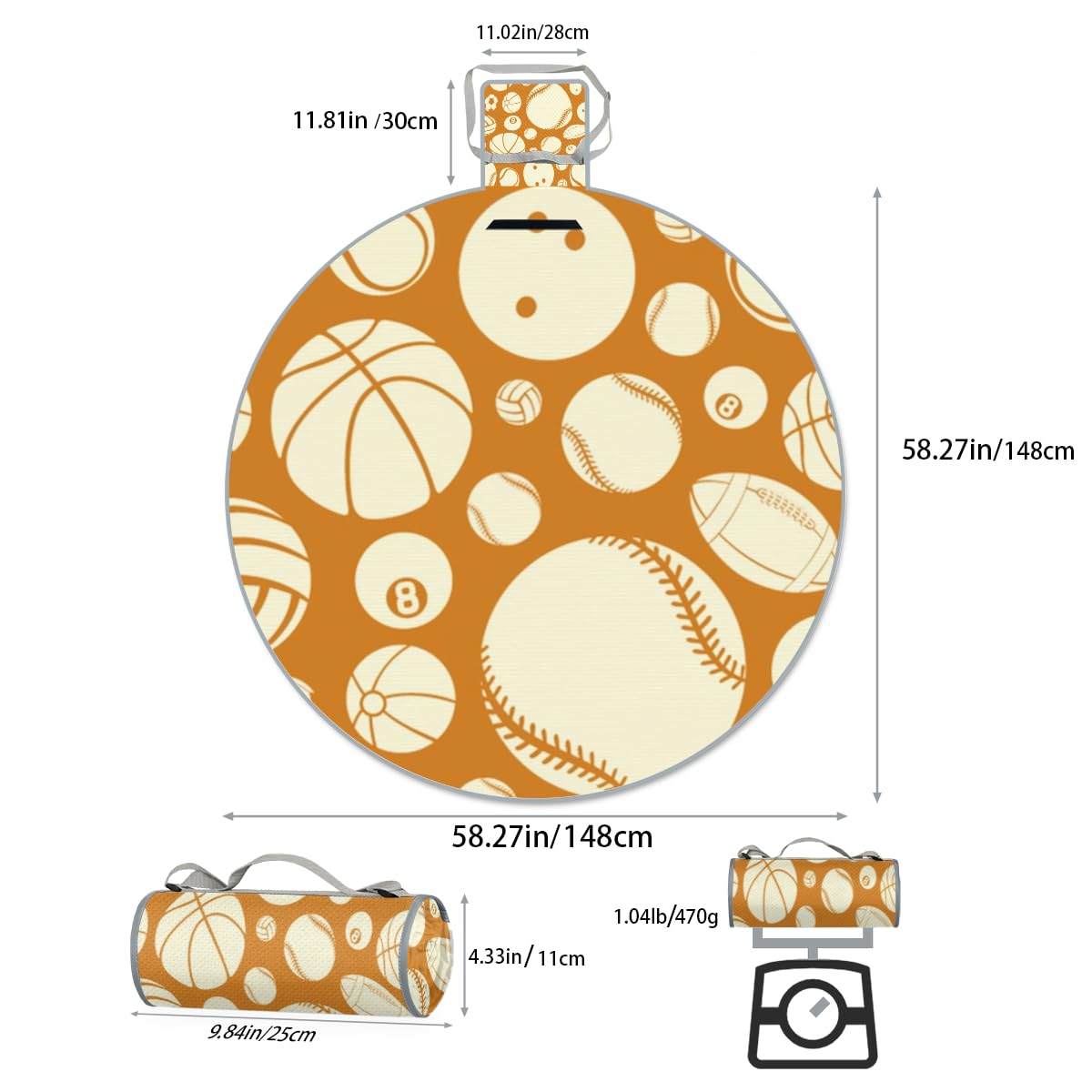 Shimoshe Cartoon Baseball Picnic Outdoor Blanket Foldable Waterproof Sandproof Beach Blanket Portable Water-Resistant Round Picnic Mat for Travel Camping Park Lawn