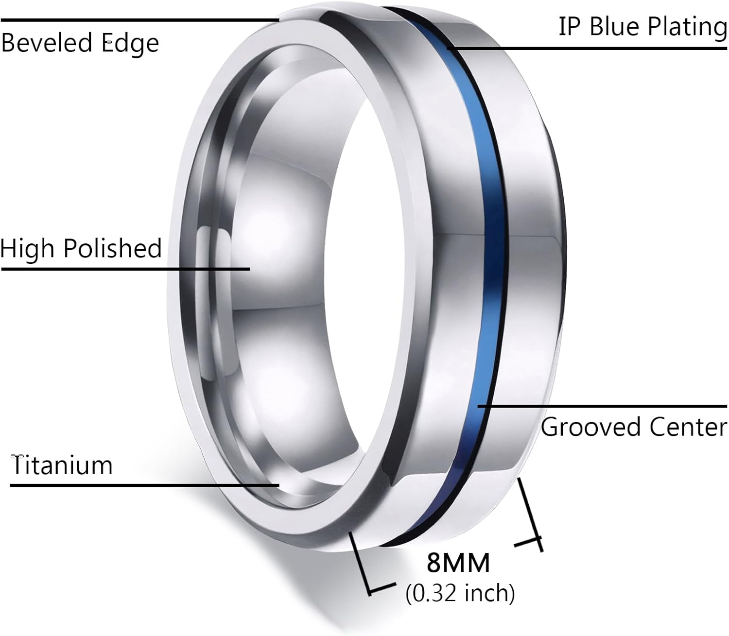 MMTTAO Men's Titanium Ring Wedding Bands for Men Women 6MM 8MM 10MM Black/Blue/Silver Engagement Band Wedding Rings Beveled Edge Brushed Matte Finished & Polished Grooved Center Comfort Fit Size 6-13 - Image 2