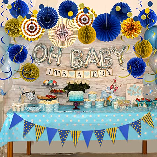 Image of Blue Gold Party Decorations, Graduation Season Hanging Glitter Triangle Flags Banner Paper Fan Tissue Pom Poms Garlands, Boy Men Party, Bridal Shower, Navy Blue Themed Birthday