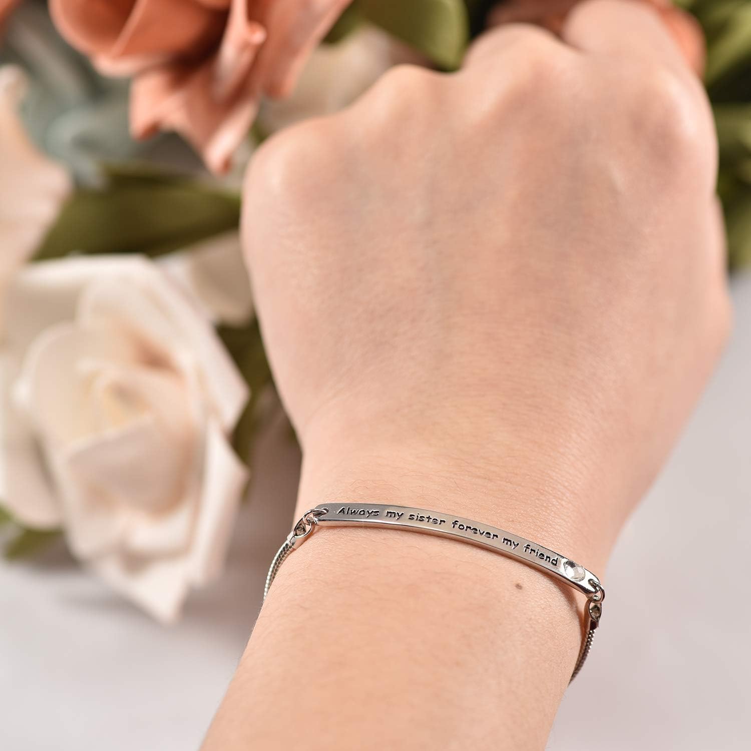 AOBOCO Sterling Silver Sister Bracelet Embellished with Crystals from Austria, Always My Sister Forever My Friend, Inspirational Christmas Anniversary Birthday Jewelry Gifts for Sister Best Friend - Image 3