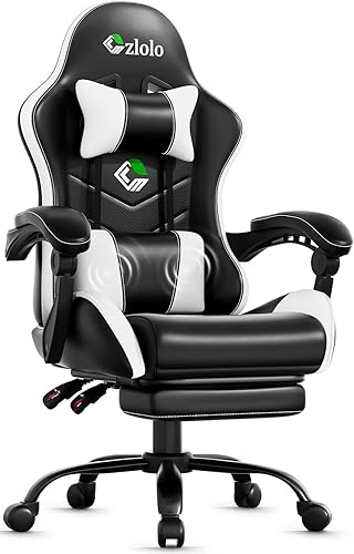 Miniatura 8 de Silla para videojuegos, silla de masaje con soporte lumbar, silla de computadora de respaldo alto, con reposapiés y reposacabezas, almohada lumbar