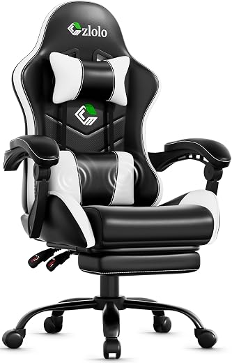 Czlolo Gaming Chair with Footrest Racing Style Lumbar Support Massager Video Game Chair with Metal Legs, High Back Gamer C...