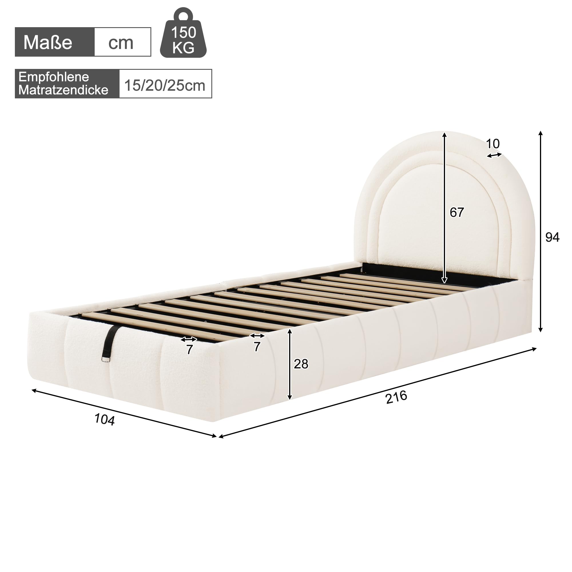 Mrwoo Polsterbett 90x200 cm mit Hydraulikfunktion und Großem Stauraum, Einzelbett mit Kopfteil, Kinderbett, Stauraumbett, Bouclé, Beige-B(Ohne Matratze)