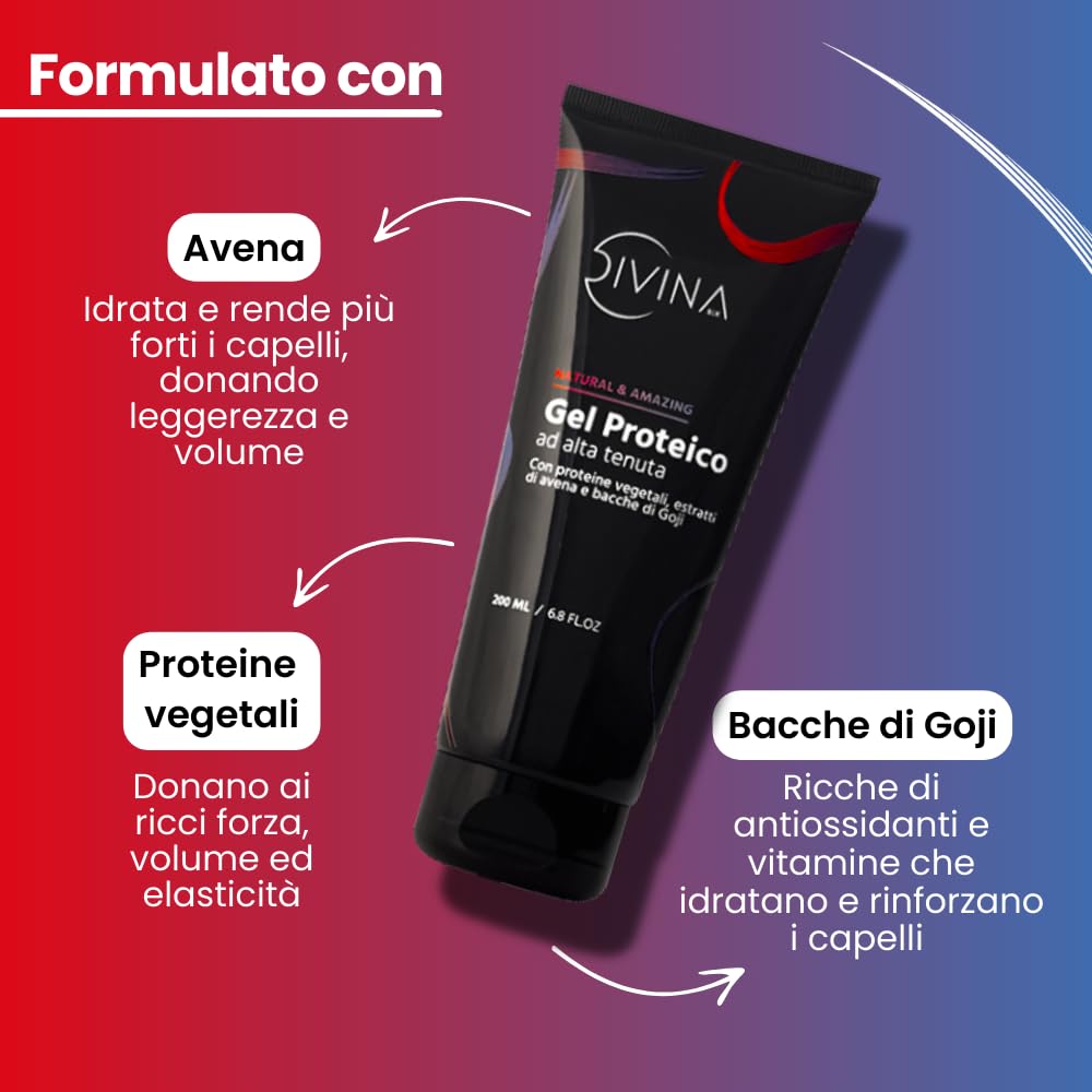 Gel Proteico per capelli mossi, ricci, afro Natural&Amazing di DIVINA BLK con proteine vegetali, estratti naturali di avena BIO e bacche di goji (200ml)