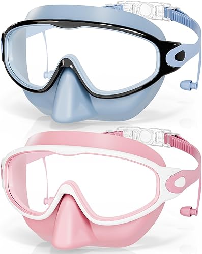 Vista 11 de Aegend Gafas de natación con cubierta para la nariz, paquete de 2 máscaras de natación de visión amplia, antivaho/UV 04-negro y azul claro,01-negro