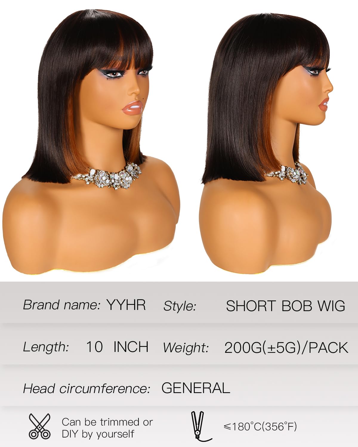 Mixed Brown Color Short Bob Wigs With Bangs 10 Inch Amazon.com: YYHR Short Bob Wig With Bangs 10 main image 3