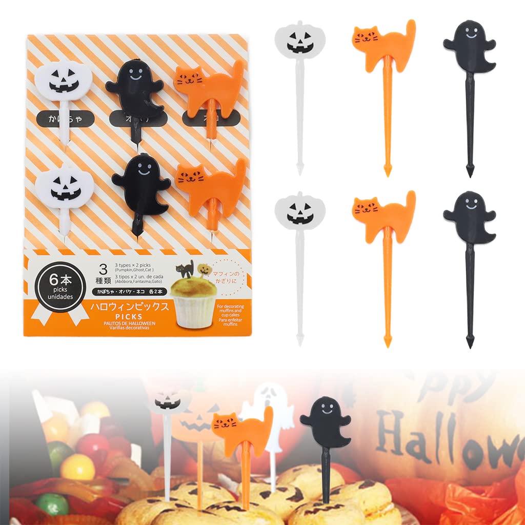 HASTHIP® 6Pcs Food Fruit Forks for Kids, Halloween Cupcake Topper Pumpkin Cats Long Handle Small Fork, Lunch Bento Forks for Fruits Cake Dessert, Reusable, Food Grade Plastic