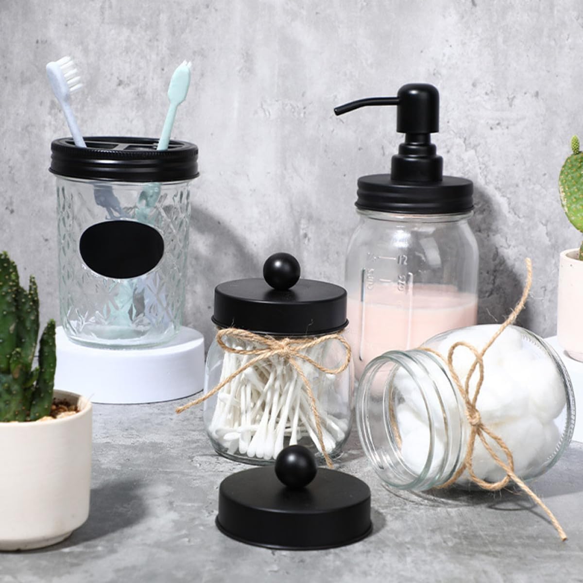 VICASKY Mason Jar Glass Toothbrush Holder Cup Set with Black Lid, Bathroom Lotion Bottle and Swab Container, Sanitary Bathroom Accessory for Home and Travel, 4pcs Toiletry Organizer