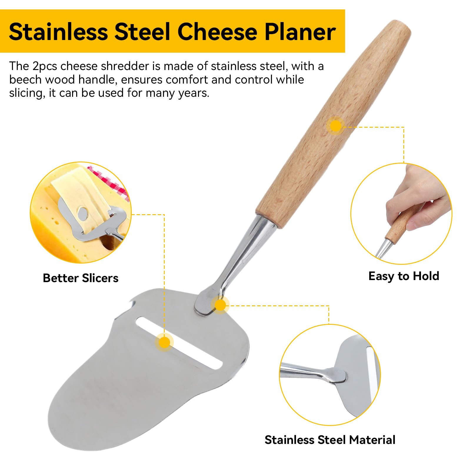 Gsycle 2PCS Cheese Slicer, Stainless Steel Cheese Cutter Cheese Spatula Adjustable Thickness Cheese Planer with Wood Handle for Cheese