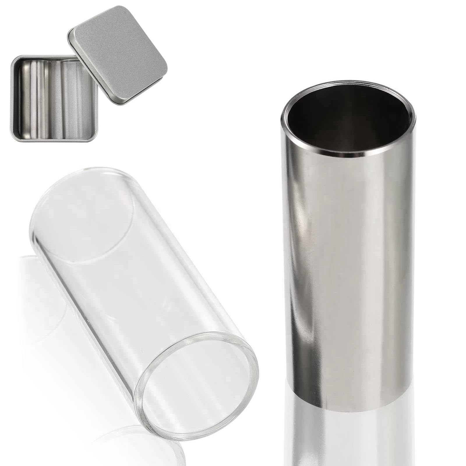 Set Di 2 Slide Per Chitarra In Vetro E Acciaio Inossidabile Lunghezza 60 Mm Con Custodia In Metallo Attrezzi Liutaio Principianti