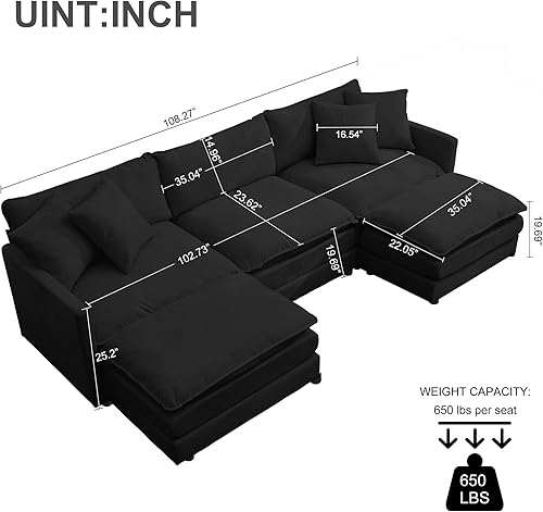 Miniatura 27 de Sofá modular modular de pana de 108.27 pulgadas para sala de estar con 3 asientos, 1 otomana y 3 almohadas, cómodos sofás de nube con otomana móvil,
