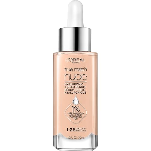 L'Oréal Paris True Match Nude Hyaluronic Tinted Serum Foundation with 1% Hyaluronic acid, Rosy Light 1-2.5, 1 fl. oz.