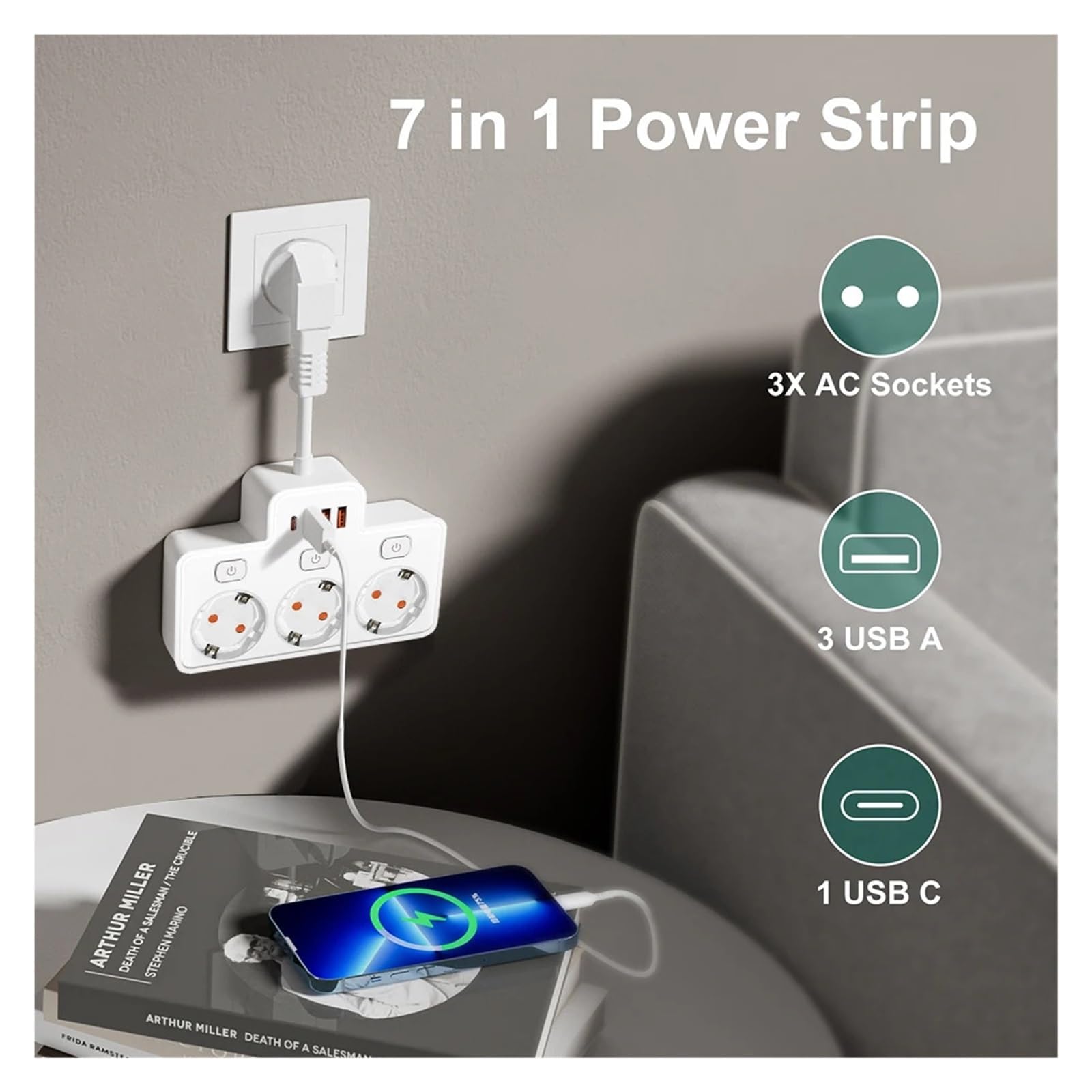 Multiprise prise ca ue corée, interrupteur mural indépendant, filtre réseau Multitap avec Ports USB, adaptateur de filtre réseau de charge(Black)
