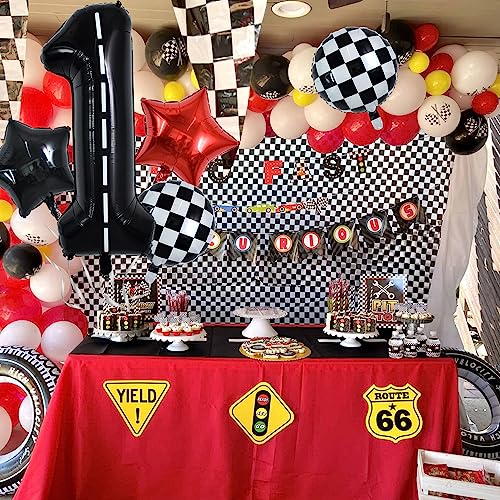 Image of TONIFUL 40 Inch Race Car 1st Birthday Balloons Racetrack Number 1 Black White Checkered Star Boys Car Themed Birthday Party Decor