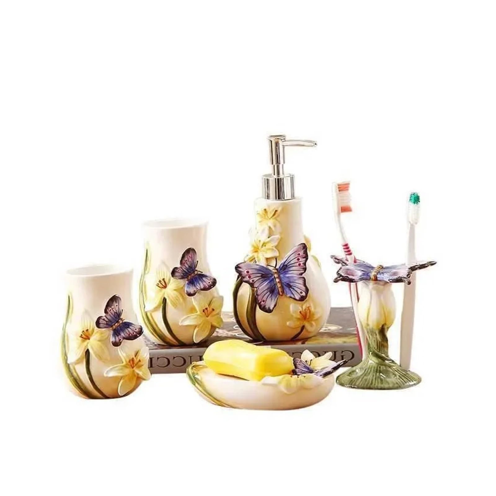 Bathroom Soap Dispenser Set Bathroom accessories Butterfly Wash Set Mouthwash cup Soap dish Toothbrush holder Lotion bottle Household toiletries(5pcs)