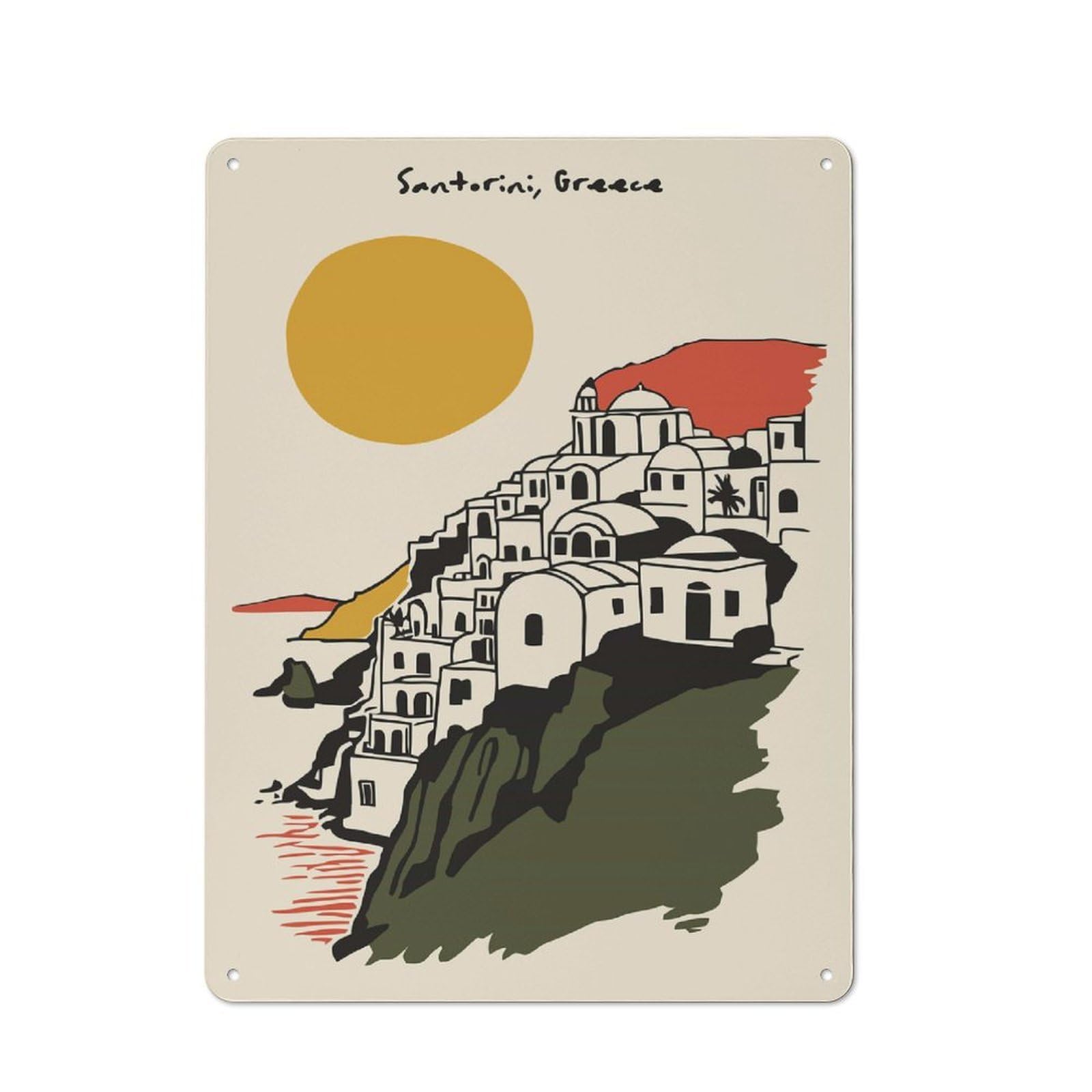 Junmoney Style-4 Santorini, Greece Illustration Decorative Metal Plaque 40X30cm, Loft Style Urban Room Decor For Flat, Bar, Studio Or Gallery Wall